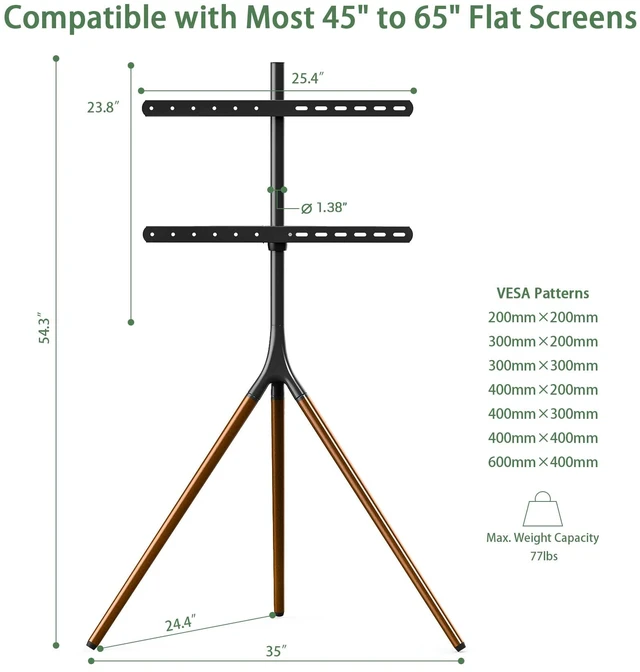 Alt view image 4 of 7 - Easel TV Stand with Tripod Base for 32 to 65 inch Flat Screen up to 77lbs, Swivel & Height Adjustable TV Stand Tripod w/Cable Ties for Living Room, Max. VESA 600 x 400mm, Black