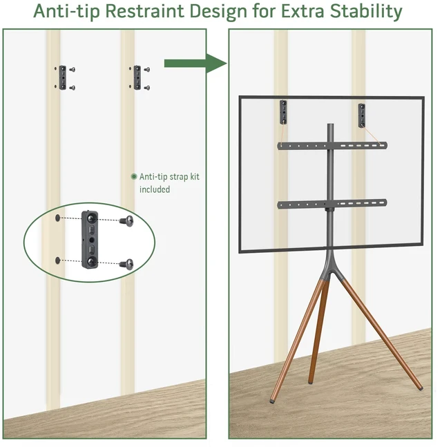 Alt view image 2 of 7 - Easel TV Stand with Tripod Base for 32 to 65 inch Flat Screen up to 77lbs, Swivel & Height Adjustable TV Stand Tripod w/Cable Ties for Living Room, Max. VESA 600 x 400mm, Black