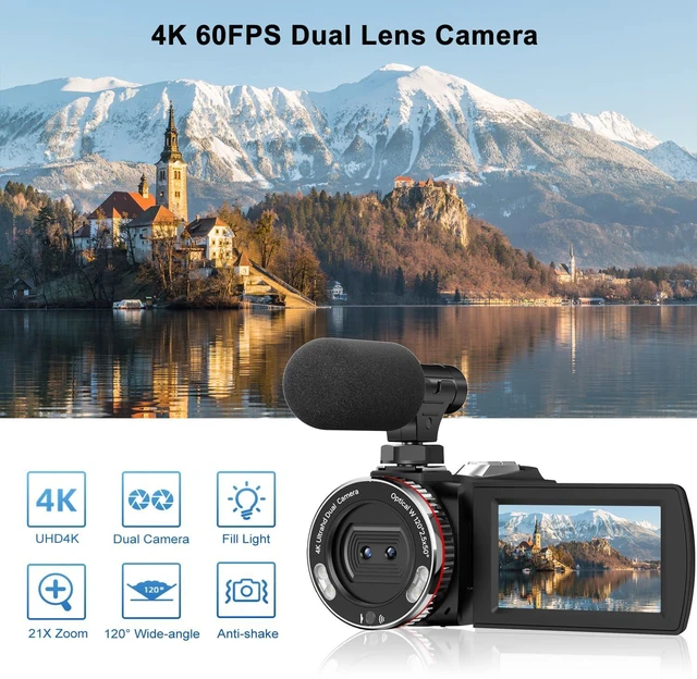 Alt view image 2 of 7 - Video Camera, Camcorder 4K, 64MP 60FPS Dual Lens Camera with Wireless Mic for Vlogging YouTube, Ultra HD 3 Inch Screen 21X Digital Zoom, Video Recorder Camera with 64GB SD Card