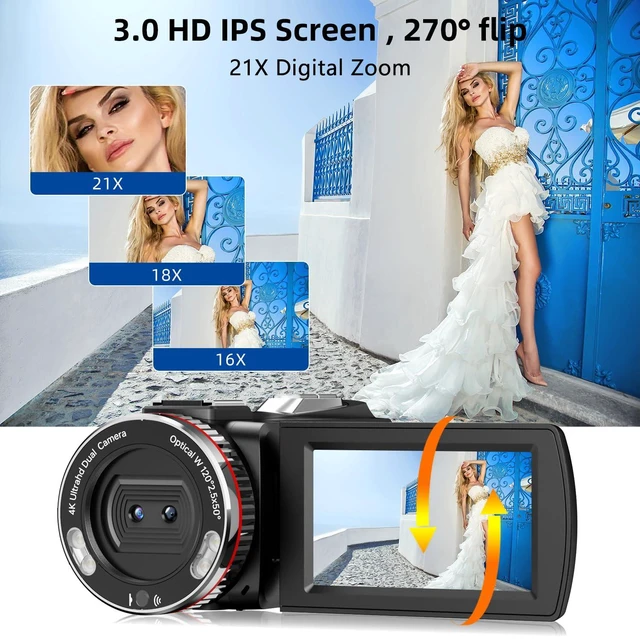 Alt view image 5 of 7 - Video Camera, Camcorder 4K, 64MP 60FPS Dual Lens Camera with Wireless Mic for Vlogging YouTube, Ultra HD 3 Inch Screen 21X Digital Zoom, Video Recorder Camera with 64GB SD Card