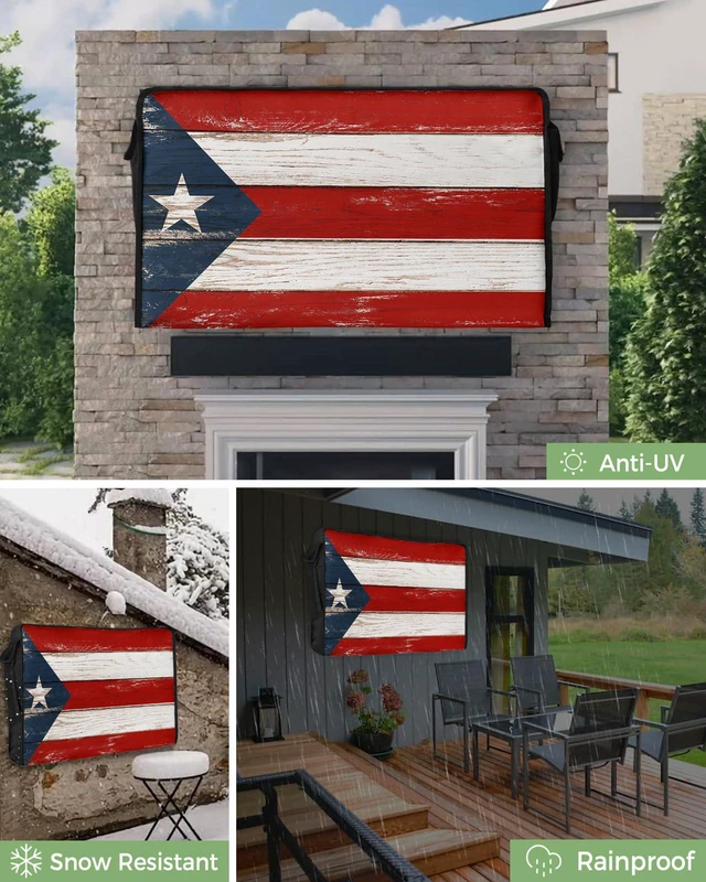Alt view image 6 of 6 - Outdoor TV Cover - Puerto Rico Flag Patriot Vintage Wooden Board Text Waterproof and Weatherproof 70"-75" LCD Movable Shield TV Display Screen Protector Outside Television Covers