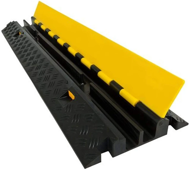 Main image of Heavy Duty 2 Channel Cable Protector Traffic Wire and Hose Ramp Cord Cover 1.2 Inch Channels 12,000 lbs per Axle CP-RPS-212 - Rubber Black Base/Yellow Lid