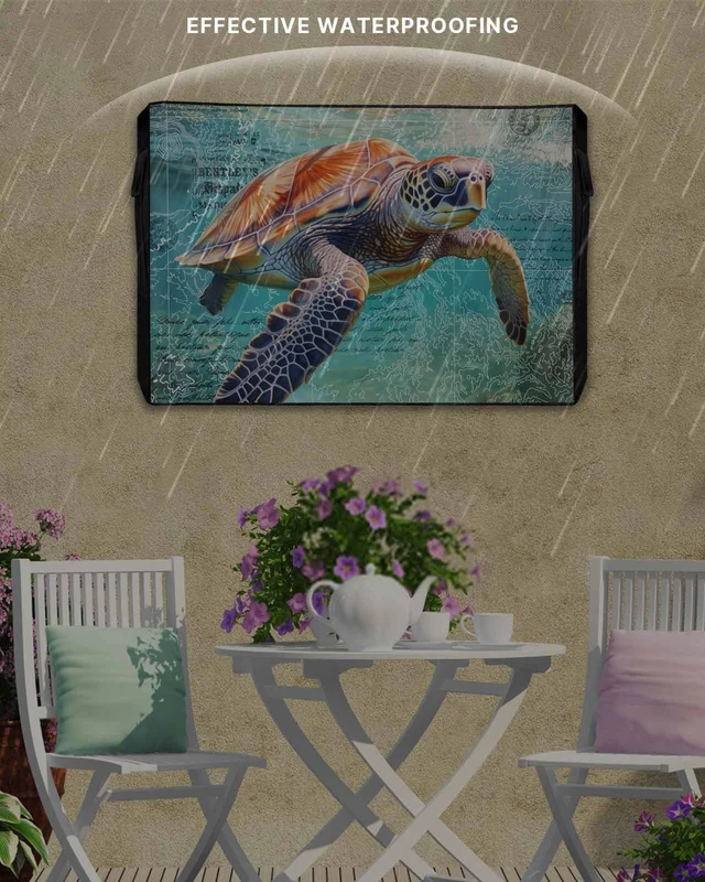 Alt view image 3 of 7 - Ocean Sea Turtle Nautical Map Outdoor TV Cover 65 Inch Weatherproof, 600D Thick Waterproof Outdoor TV Screen Protector with Zipper for 60 to 65 inch Screens