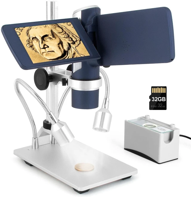 Main image of LM203S 4" HDMI Digital Microscope, Portable Coin Microscope Full View of Coins, 800X Handheld Coin Magnifier Magnifying with Light, Wireless USB Microscope with Metal Stand, 5pcs Microscope Slides