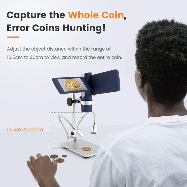 Alt view image 2 of 6 - LM203S 4" HDMI Digital Microscope, Portable Coin Microscope Full View of Coins, 800X Handheld Coin Magnifier Magnifying with Light, Wireless USB Microscope with Metal Stand, 5pcs Microscope Slides