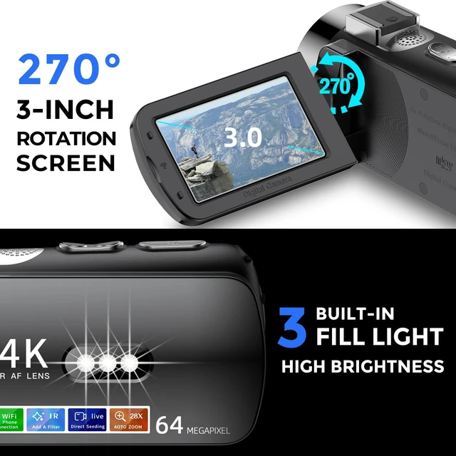 Alt view image 5 of 7 - 4K Video Camera Camcorder Ultra HD 64MP Vlogging Camera for YouTube 28X Digital Zoom 270° Rotation Screen 3.0" Vlog Camera with Night Vision Video Recorder with WiFi Connection
