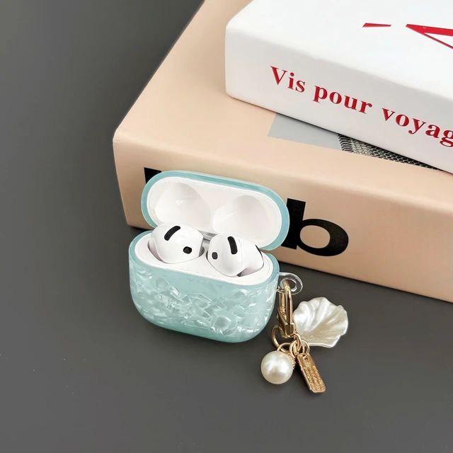 Alt view image 4 of 7 - for Cute Glitter Airpod 4 Case - Bling Shell Design Hard TPU Protective Cover with Shell Pearl Keychain Compatible with Airpods 4th Generation 2024 Released, Blue