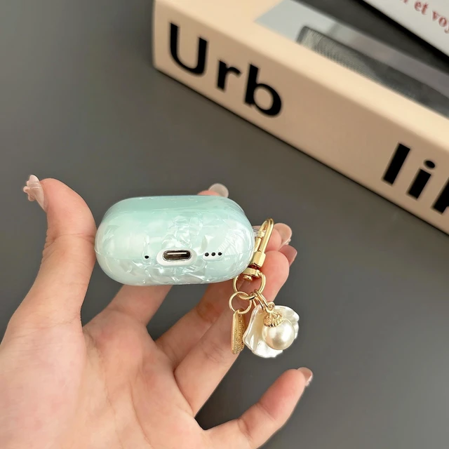 Alt view image 5 of 7 - for Cute Glitter Airpod 4 Case - Bling Shell Design Hard TPU Protective Cover with Shell Pearl Keychain Compatible with Airpods 4th Generation 2024 Released, Blue