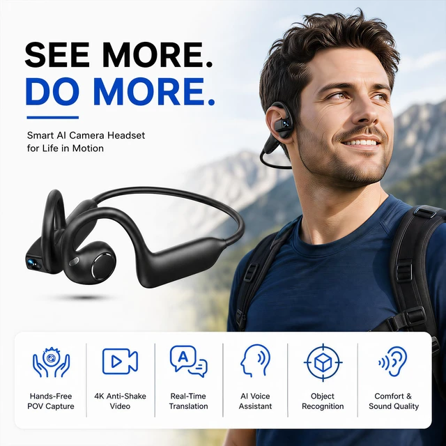 Alt view image 2 of 7 - AI Camera Headphones, 8MP Camera with Real-Time TranslationBlack 8MP camera, 1080P EIS video, AI recognition and translation, 10-hour audio, secure silicone fit, touch controls
