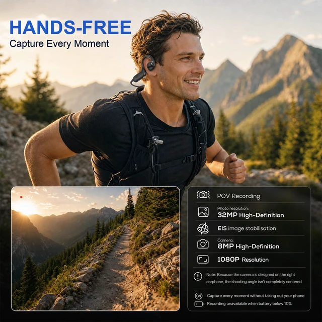 Alt view image 3 of 7 - AI Camera Headphones, 8MP Camera with Real-Time TranslationBlack 8MP camera, 1080P EIS video, AI recognition and translation, 10-hour audio, secure silicone fit, touch controls