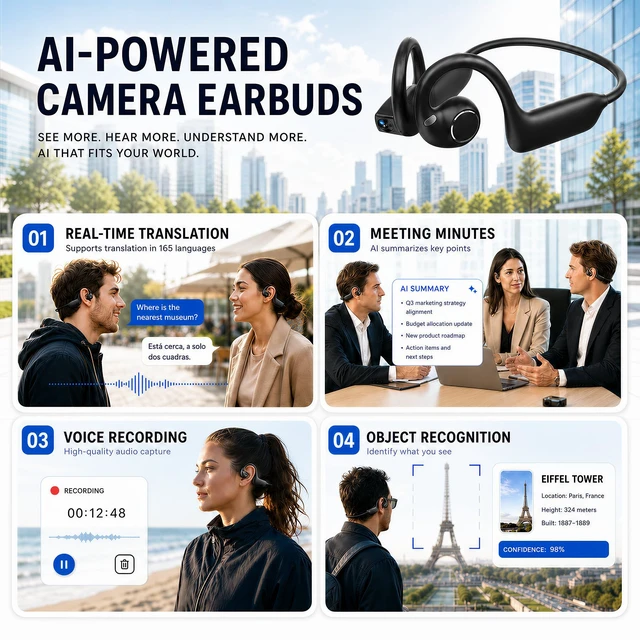 Alt view image 4 of 7 - AI Camera Headphones, 8MP Camera with Real-Time TranslationBlack 8MP camera, 1080P EIS video, AI recognition and translation, 10-hour audio, secure silicone fit, touch controls
