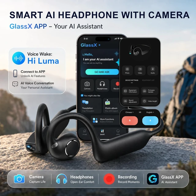 Alt view image 6 of 7 - AI Camera Headphones, 8MP Camera with Real-Time TranslationBlack 8MP camera, 1080P EIS video, AI recognition and translation, 10-hour audio, secure silicone fit, touch controls
