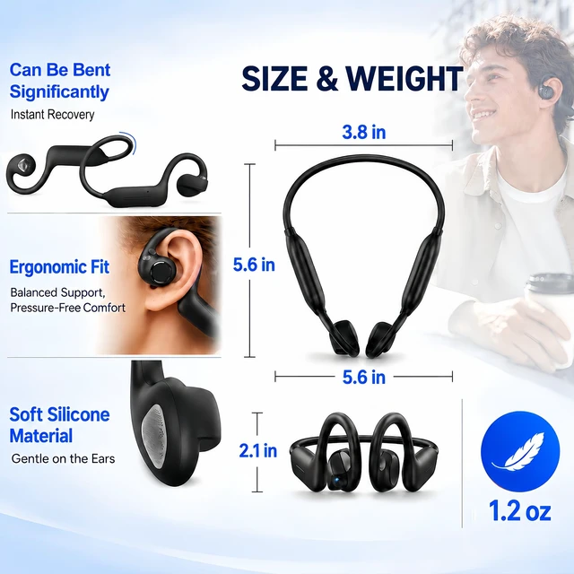 Alt view image 7 of 7 - AI Camera Headphones, 8MP Camera with Real-Time TranslationBlack 8MP camera, 1080P EIS video, AI recognition and translation, 10-hour audio, secure silicone fit, touch controls