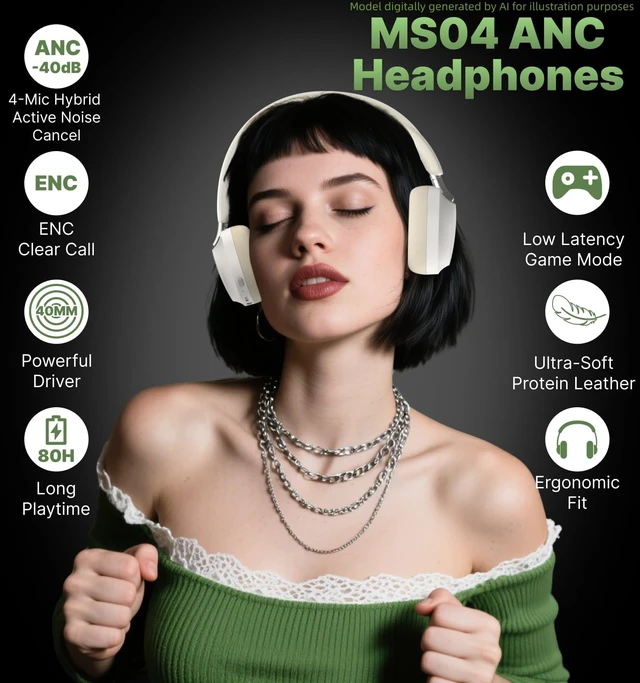 Alt view image 2 of 7 - MS04 Bluetooth Headphones Active Noise Cancelling Over Ear Headphone 4-Mic Hybrid -40dB ANC Bluetooth Headset, 2-ENC Mic, 80H Playtime, 3.5mm Aux Cable Travel Case Foldable Wireless Headphones