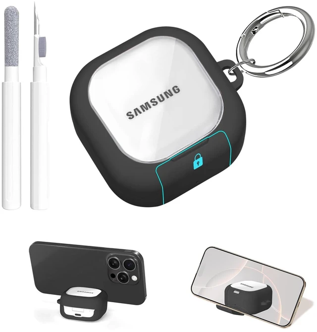 Main image of Secure Lock for Samsung Galaxy Buds 4 Pro Case/Galaxy Buds 4 Case Clear,Shockproof for Samsung Galaxy Bud 4/4 Pro Cover with Phone Stand,Hybrid PC+TPU Skin with Carabiner&Cleaning Pen-Black