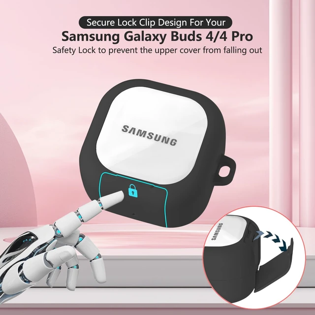 Alt view image 2 of 7 - Secure Lock for Samsung Galaxy Buds 4 Pro Case/Galaxy Buds 4 Case Clear,Shockproof for Samsung Galaxy Bud 4/4 Pro Cover with Phone Stand,Hybrid PC+TPU Skin with Carabiner&Cleaning Pen-Black
