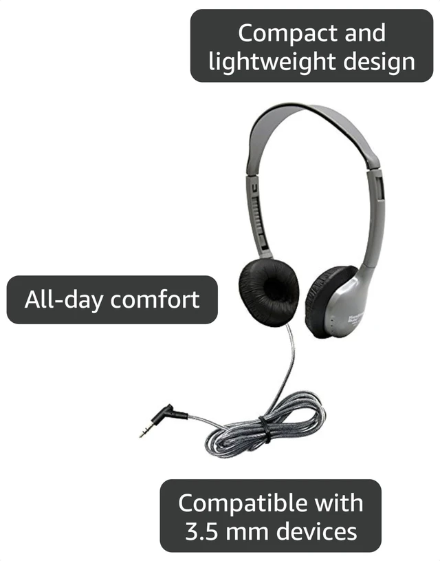 Alt view image 3 of 3 - MS2L SchoolMate Personal Stereo Headphones OnEar Design, 3.5mm SlimBarrel Plug, ChewResistant DuraCord, Replaceable Leatherette Cushions Gray