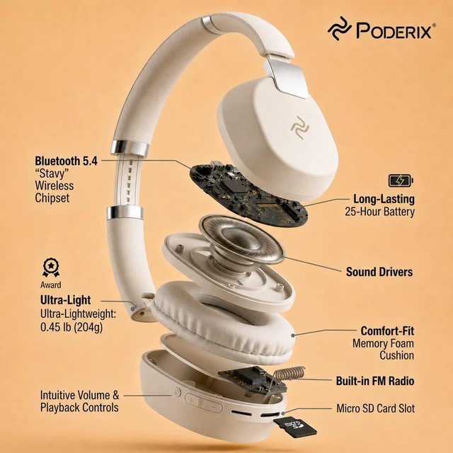 Alt view image 4 of 7 - PDBEAM Wireless Foldable Bluetooth Over Ear Headphones with Mic, Micro SD Card Playback, 25H Playtime, 120H Standby, FM Radio, Lightweight for Travel, Work, Gym or Yoga