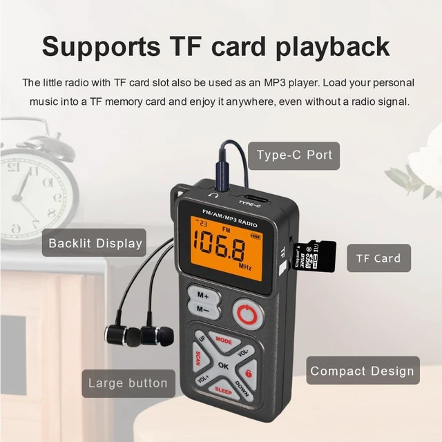 Alt view image 3 of 6 - AM FM Pocket Radio Rechargeable with Clip-Grey Best Reception, Long Battery Life, Mini Size with Clip, Stereo, Preset, Tf Slot, Clear LCD Display, Easy Use Gift for Seniors