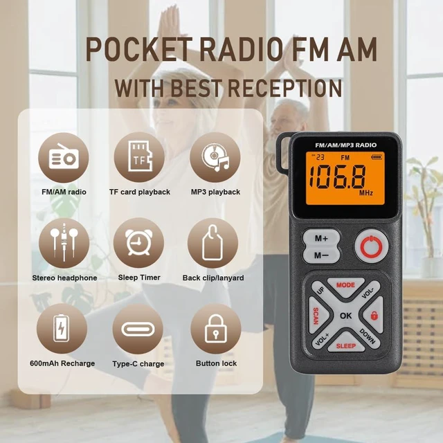 Alt view image 2 of 6 - AM FM Pocket Radio Rechargeable with Clip-Grey Best Reception, Long Battery Life, Mini Size with Clip, Stereo, Preset, Tf Slot, Clear LCD Display, Easy Use Gift for Seniors
