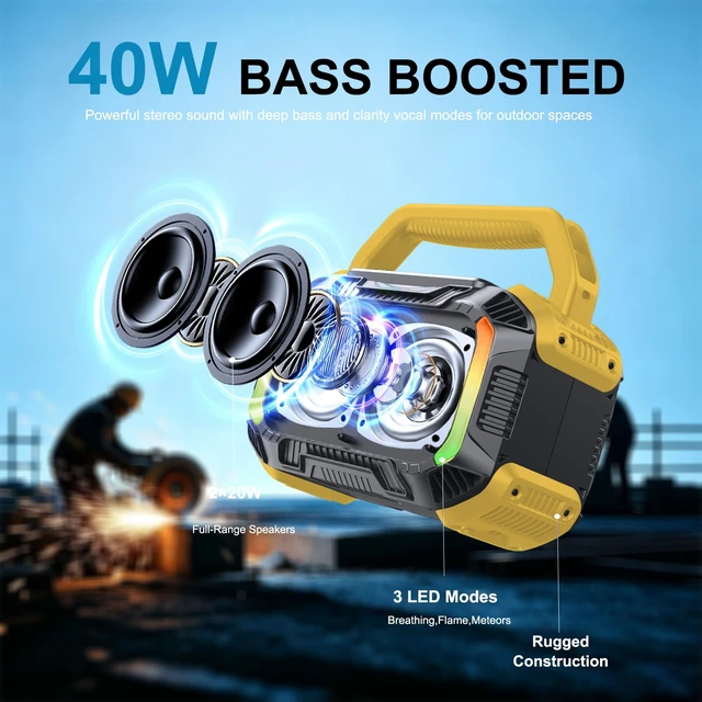 Alt view image 2 of 7 - Speakers Bluetooth Wireless, 40W Portable Bluetooth Speaker with Bass, IPX7 Waterproof & Floatable, 20H Playtime, RGB Light, Loud Speakers with TWS for Work, Outdoor, Garage(S-Yellow)
