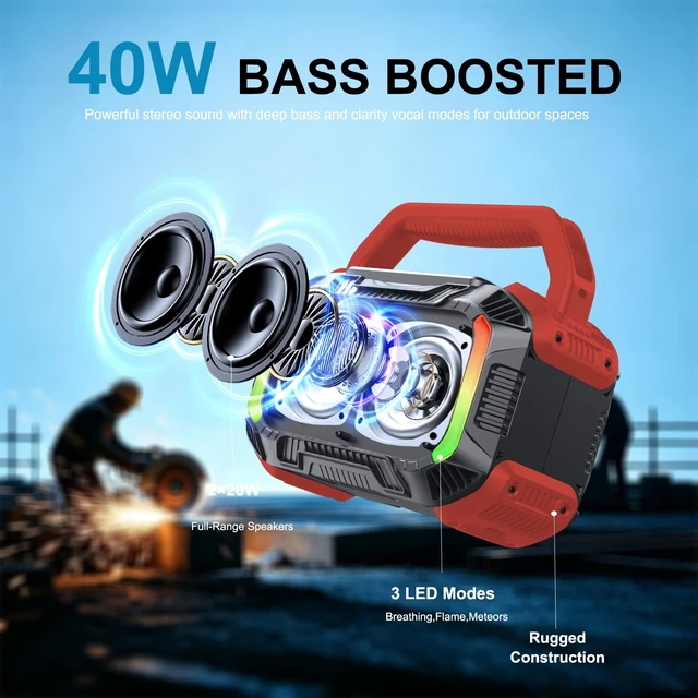 Alt view image 2 of 7 - Speakers Bluetooth Wireless, 40W Portable Bluetooth Speaker with Bass, IPX7 Waterproof & Floatable, 20H Playtime, RGB Light, Loud Speakers with TWS for Work, Outdoor, Garage(S-Red)