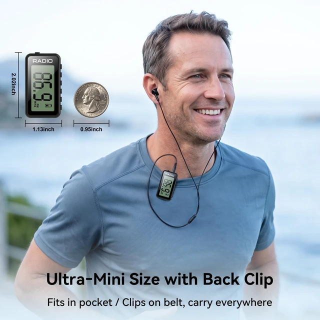 Alt view image 2 of 7 - MI02 Pocket Mini FM Radio with Clip, Rechargeable Portable ThumbSized,Weights 21g,USB C Charging,Preset, Large LCD Screen,FM Tuner Receiver for Walking,Meeting, Racing