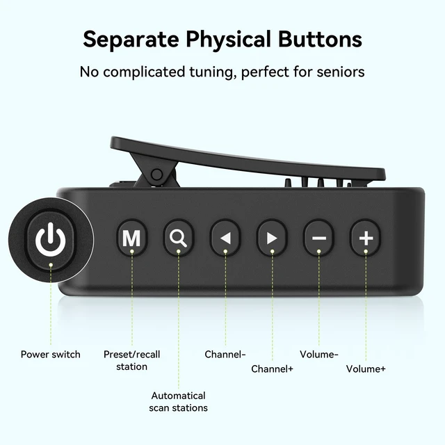 Alt view image 4 of 7 - MI02 Pocket Mini FM Radio with Clip, Rechargeable Portable ThumbSized,Weights 21g,USB C Charging,Preset, Large LCD Screen,FM Tuner Receiver for Walking,Meeting, Racing