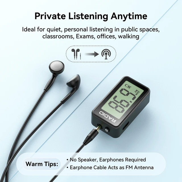 Alt view image 6 of 7 - MI02 Pocket Mini FM Radio with Clip, Rechargeable Portable ThumbSized,Weights 21g,USB C Charging,Preset, Large LCD Screen,FM Tuner Receiver for Walking,Meeting, Racing