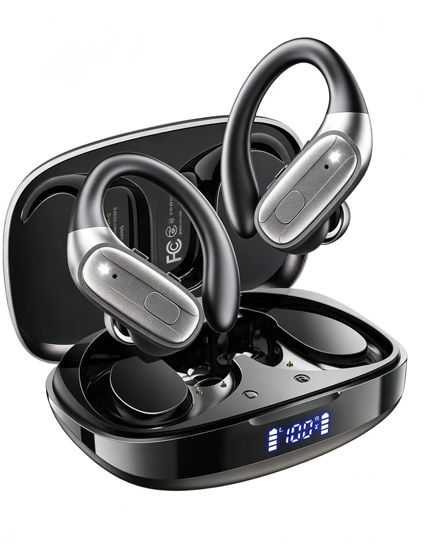 Main image of Wireless Earbuds with Stable Ear Hooks for Sports, Workout, Bluetooth Headphones, HiFi Sound, Deep Bass, 80hrs Playtime, Sweat Resistant for iOS/Android, Steel Gray