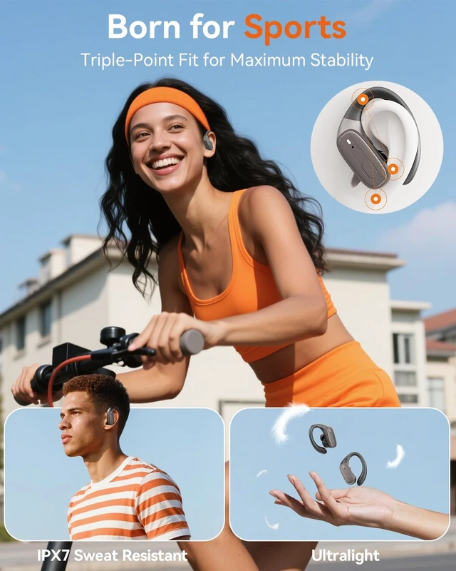 Alt view image 3 of 7 - Wireless Earbuds with Stable Ear Hooks for Sports, Workout, Bluetooth Headphones, HiFi Sound, Deep Bass, 80hrs Playtime, Sweat Resistant for iOS/Android, Steel Gray