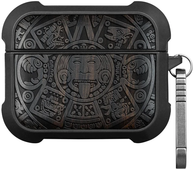 Main image of Solid Wood Case for AirPods Pro 2, The Maya Calendar, Black AirPods Pro Case 2nd/1st Generation with Quick-Release Keychain, Shockproof TPU Cover, Artisan-Engraved Solid Wood
