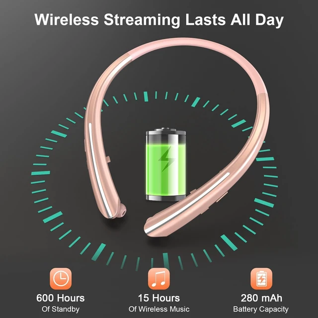 Alt view image 2 of 6 - Bluetooth 5.0 Neckband Bluetooth Headphone, Sweat Resistant Noise Cancelling Stereo Headphones, and Retractable Ear Tips for Music, Conference, Videos (Rose Gold)