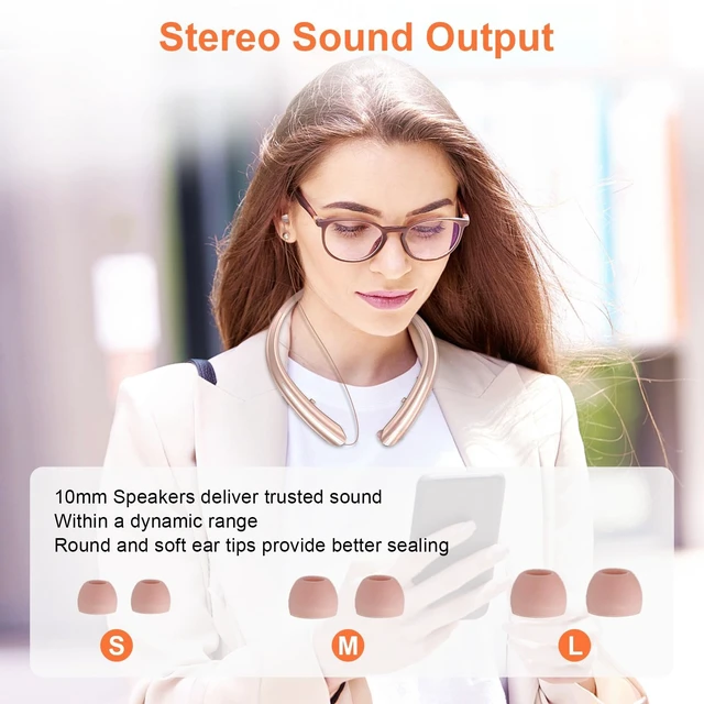 Alt view image 5 of 6 - Bluetooth 5.0 Neckband Bluetooth Headphone, Sweat Resistant Noise Cancelling Stereo Headphones, and Retractable Ear Tips for Music, Conference, Videos (Rose Gold)