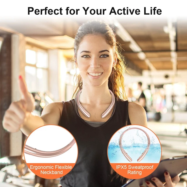 Alt view image 6 of 6 - Bluetooth 5.0 Neckband Bluetooth Headphone, Sweat Resistant Noise Cancelling Stereo Headphones, and Retractable Ear Tips for Music, Conference, Videos (Rose Gold)