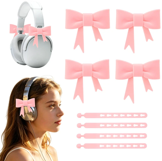 Main image of GAICHION Cute Silicone Bow Headphone Accessories, 4 Pack 3D Bow Decor for Headphones & Headsets, Coquettish Gift for Girls Women Gamers Streamers(Pink)