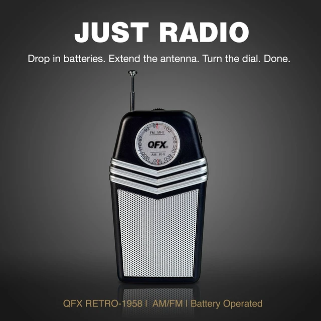 Alt view image 2 of 7 - Retro Portable Transistor Pocket AM FM Radio, RETRO-1958, Black Telescoping Antenna, High-Fidelity Speaker, Headphone Jack, Battery Operated, Classic 1950s Design