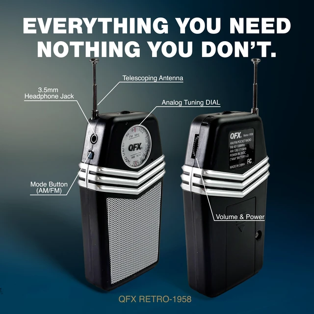 Alt view image 3 of 7 - Retro Portable Transistor Pocket AM FM Radio, RETRO-1958, Black Telescoping Antenna, High-Fidelity Speaker, Headphone Jack, Battery Operated, Classic 1950s Design