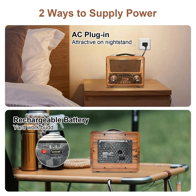 Alt view image 4 of 7 - Retro Vintage Portable AM FM SW Radio with Best Sound, DC 5V, 1200mAh Rechargeable Battery Operated Bluetooth Radio with Best Reception, Loud Speaker Support TF Card/USB Playing