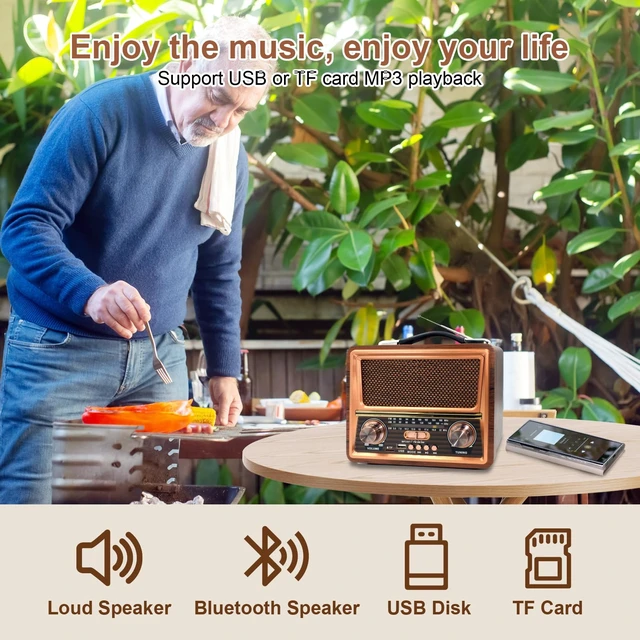 Alt view image 6 of 7 - Retro Vintage Portable AM FM SW Radio with Best Sound, DC 5V, 1200mAh Rechargeable Battery Operated Bluetooth Radio with Best Reception, Loud Speaker Support TF Card/USB Playing