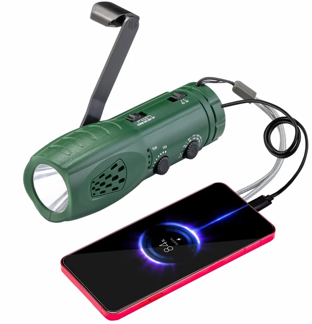 Main image of Hand Crank Flashlight with Emergency Radio LED Torch Phone Charger Portable Dynamo, SOS Rechargeable, USB Charging, Built-in Loudspeaker, For Camping Hiking