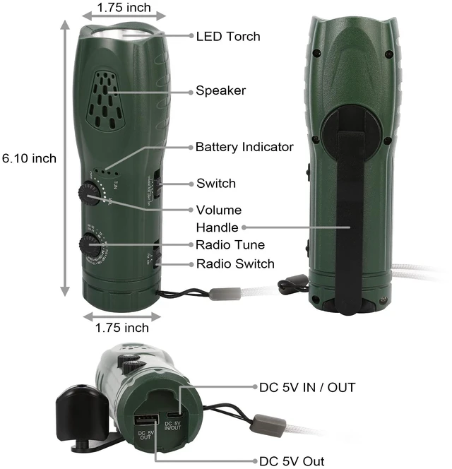 Alt view image 6 of 7 - Hand Crank Flashlight with Emergency Radio LED Torch Phone Charger Portable Dynamo, SOS Rechargeable, USB Charging, Built-in Loudspeaker, For Camping Hiking