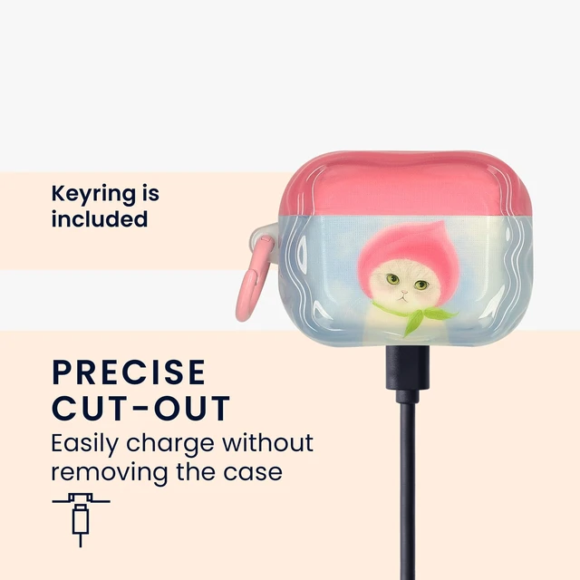 Alt view image 4 of 7 - Earbud Case for Apple Airpods Pro 2 / Pro 1 - Protective Shockproof in-Ear Headphones Cover with Keychain, Soft & Durable, Cat and Peach