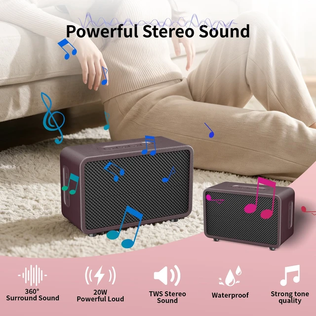 Alt view image 5 of 7 - Wood Bluetooth Speaker Portable Media Players Clear Loud Stereo Sound Deep Bass Wireless Speaker 20W Double Horn Retro Desktop speakers Wooden Speakers Long Playtime for Home/Party/Outdoor/Bedroom