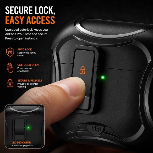 Alt view image 5 of 7 - for AirPods Pro 3 Case (2025), Compatible with AirPods Pro 3rd Generation, MagSafe Compatible, Magnetic Locking Lid, Protective Cover, Phone Stand Design, Cleaning Kit & Keychain Included, Black