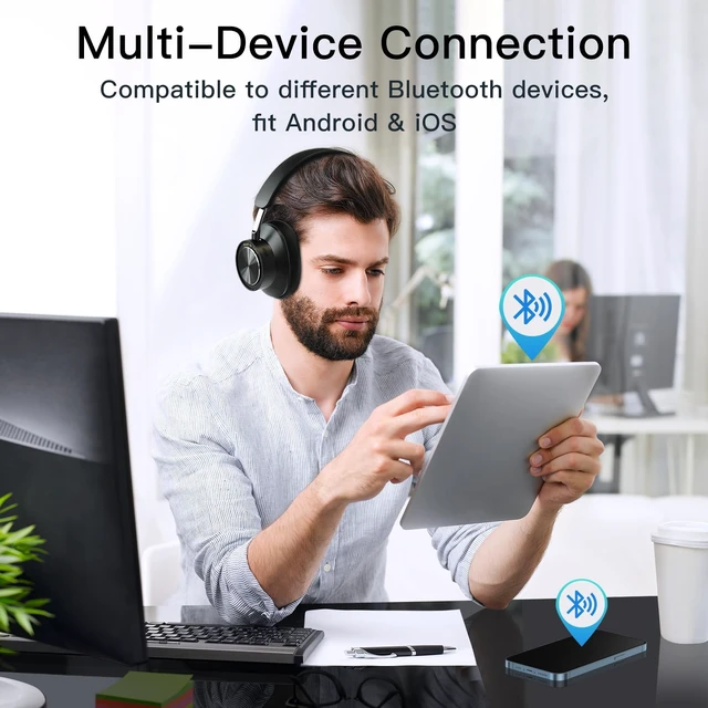 Alt view image 7 of 7 - Active Noise Canceling Headphones, Wireless Over Ear Bluetooth Headphones, Hi-Res Audio, Prolonged Battery Life, Deep Bass, Comfortable Foam Ear Cups-Black