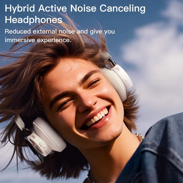 Alt view image 2 of 7 - Active Noise Canceling Headphones, Wireless Over Ear Bluetooth Headphones, Hi-Res Audio, Prolonged Battery Life, Deep Bass, Comfortable Foam Ear Cups-Beige