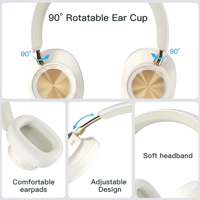 Alt view image 6 of 7 - Active Noise Canceling Headphones, Wireless Over Ear Bluetooth Headphones, Hi-Res Audio, Prolonged Battery Life, Deep Bass, Comfortable Foam Ear Cups-Beige