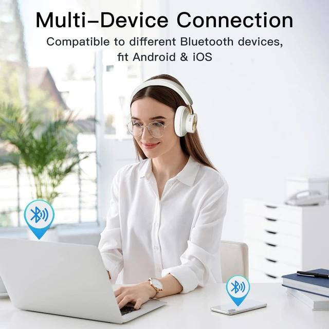 Alt view image 7 of 7 - Active Noise Canceling Headphones, Wireless Over Ear Bluetooth Headphones, Hi-Res Audio, Prolonged Battery Life, Deep Bass, Comfortable Foam Ear Cups-Beige