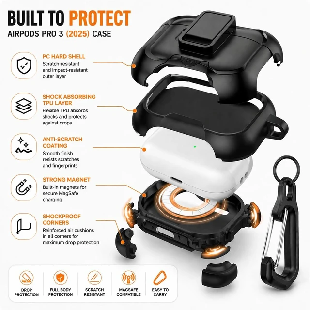 Alt view image 2 of 7 - for AirPods Pro 3 Case (2025), Compatible with AirPods Pro 3rd Generation, MagSafe Compatible, Magnetic Locking Lid, Protective Cover, Phone Stand Design, Cleaning Kit & Keychain Included, Black